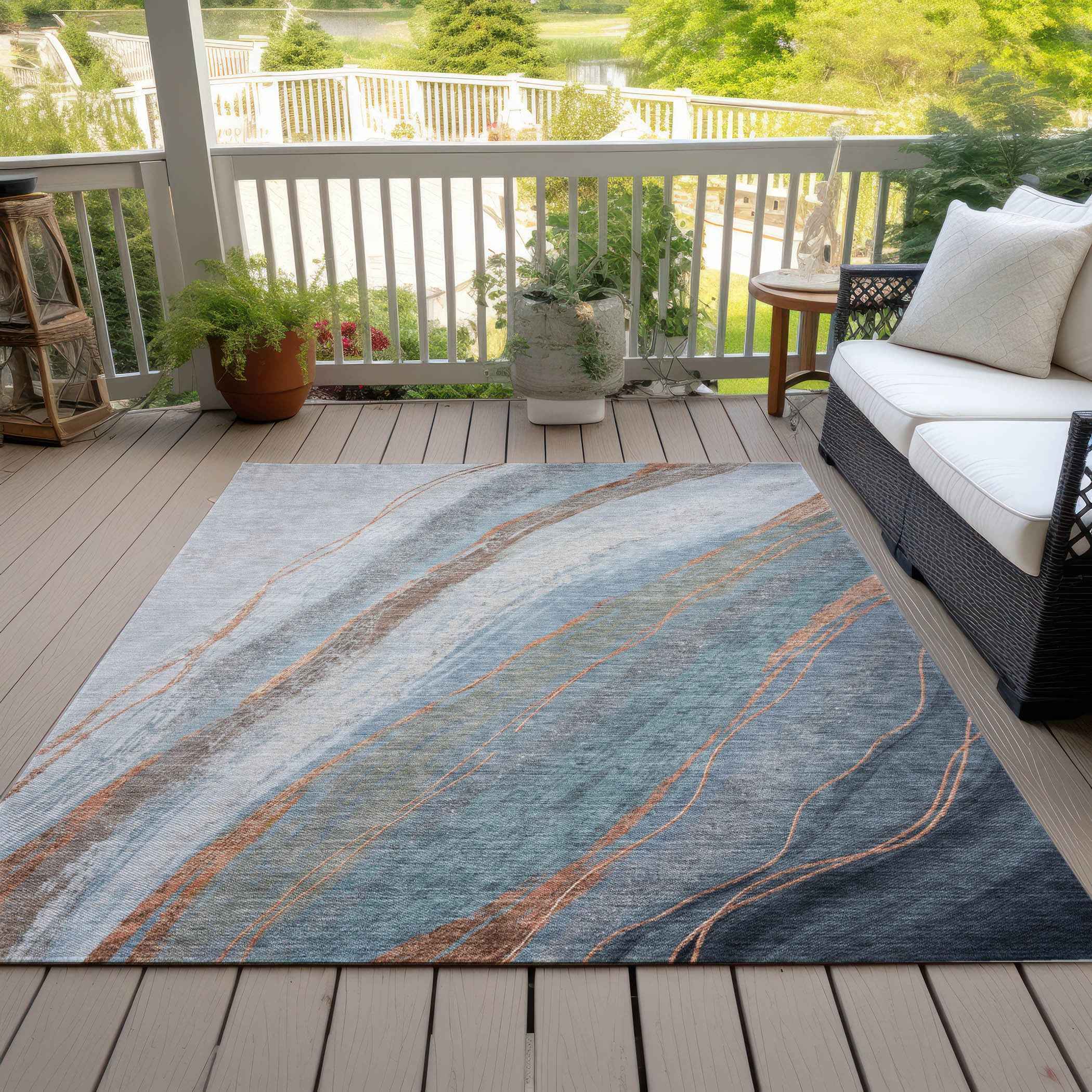 8' X 10' Blue And Copper Abstract Washable Indoor Outdoor Area Rug