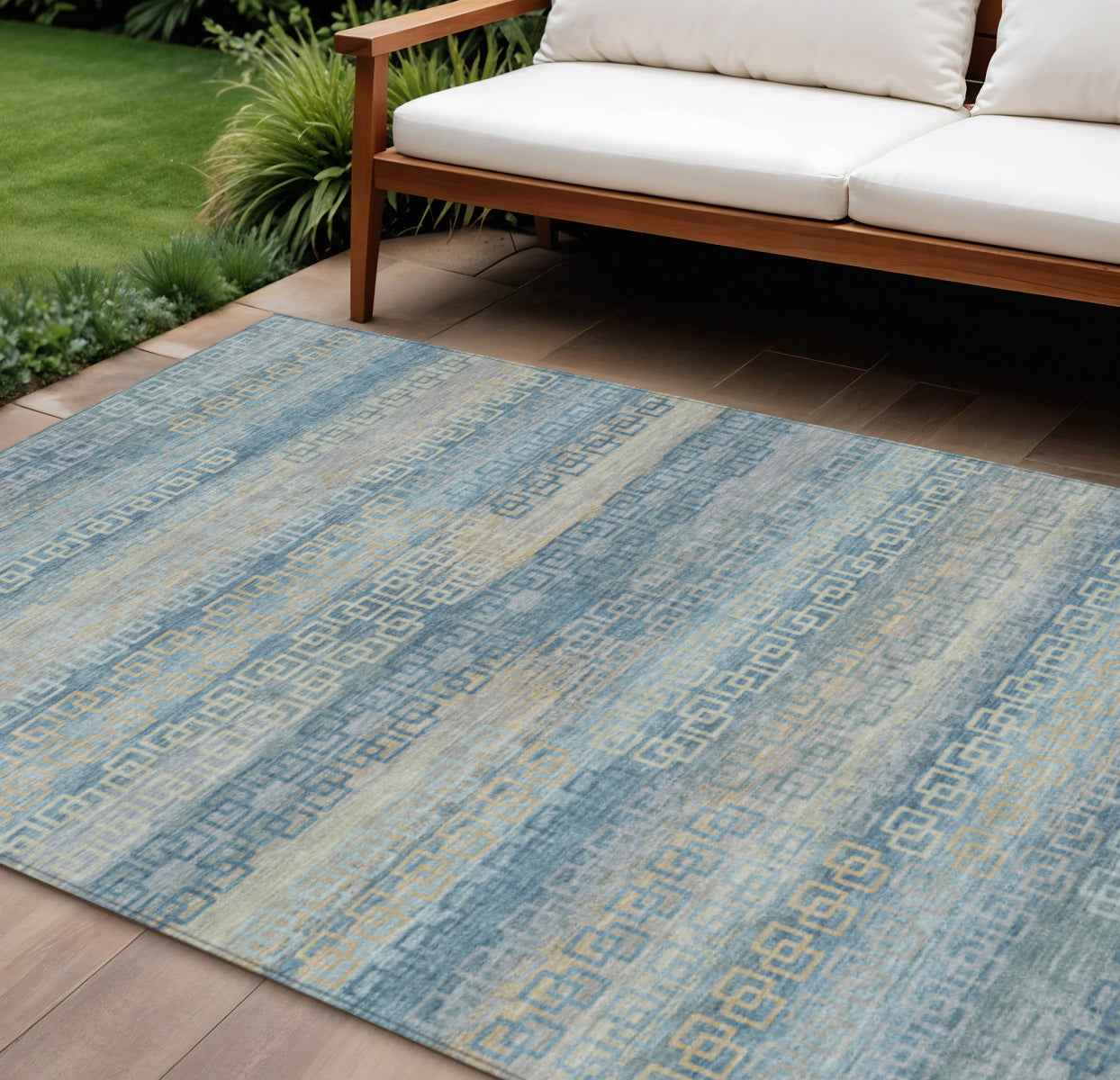 9' X 12' Teal Blue And Beige Striped Washable Indoor Outdoor Area Rug
