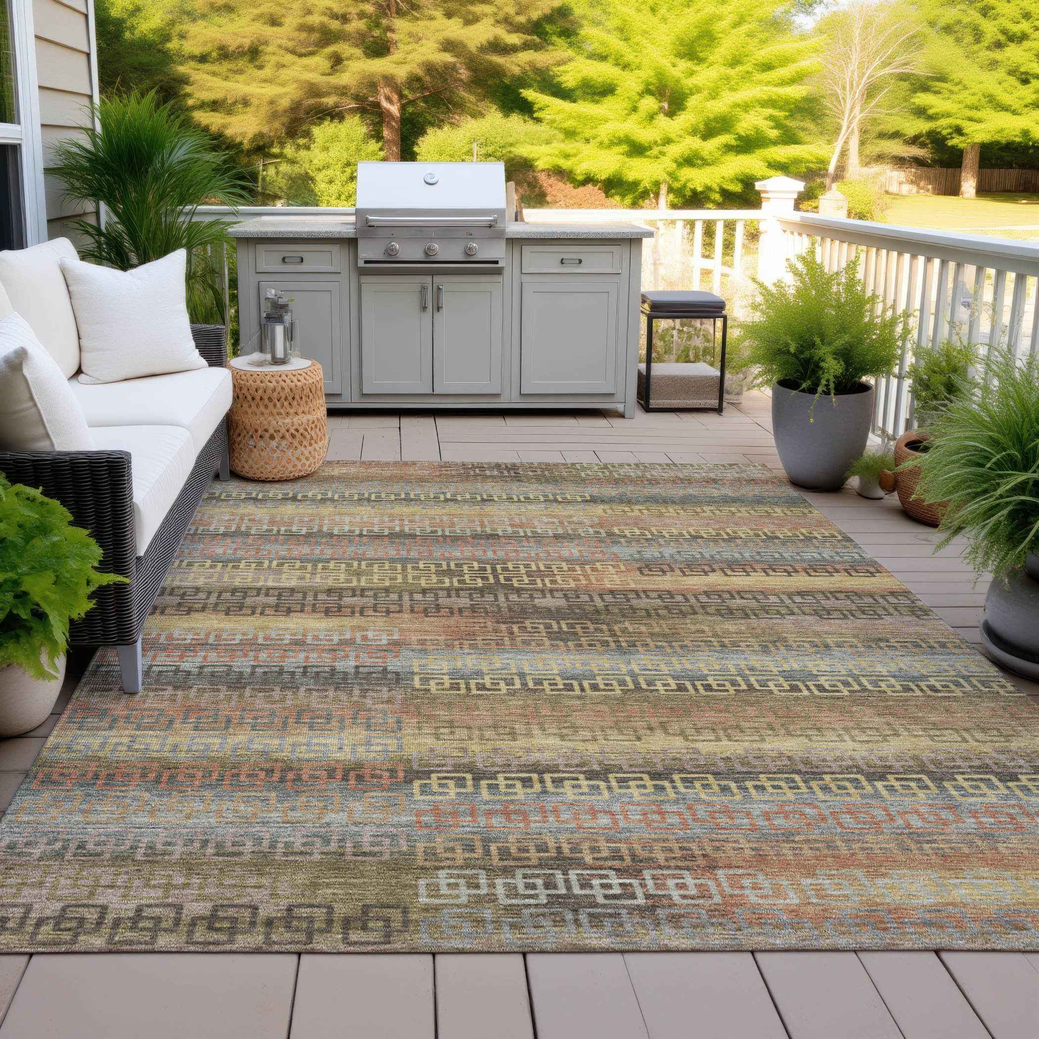 5' X 8' Brown And Gold Striped Washable Indoor Outdoor Area Rug