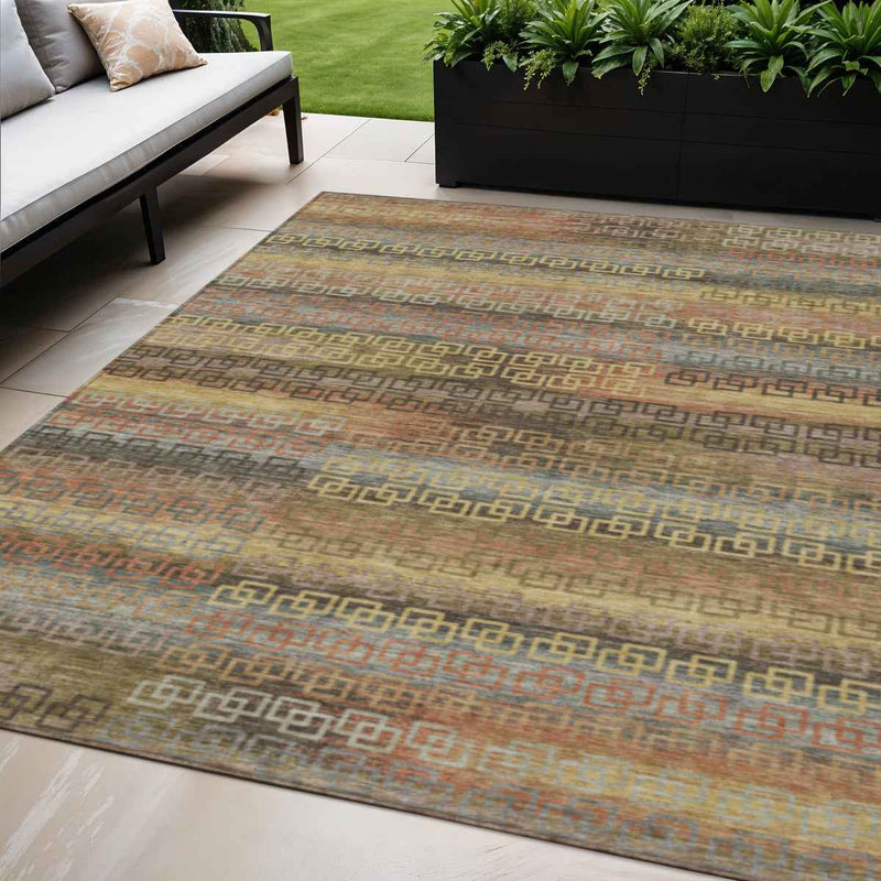 5' X 8' Brown And Gold Striped Washable Indoor Outdoor Area Rug