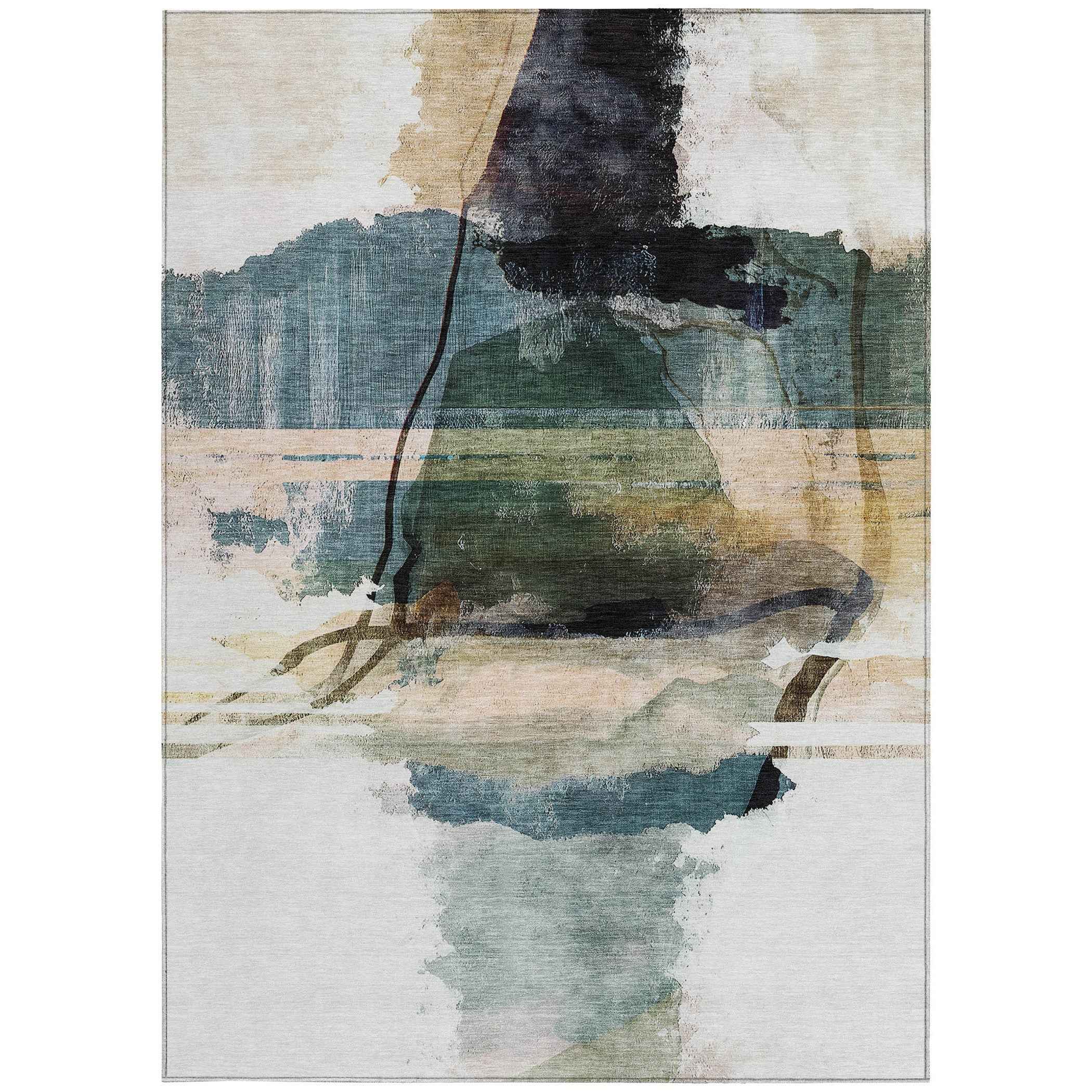 3' X 5' Green And Ivory Abstract Washable Indoor Outdoor Area Rug