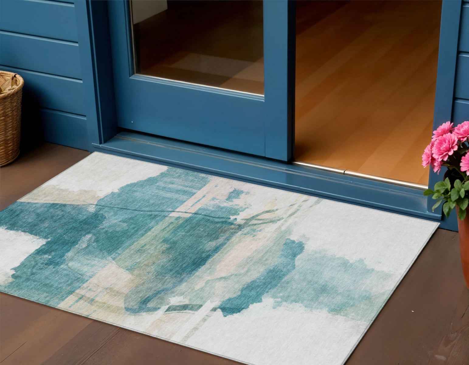 3' X 5' Teal Blue And Ivory Abstract Washable Indoor Outdoor Area Rug