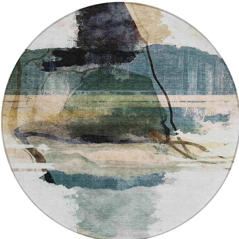 8' Green And Ivory Round Abstract Washable Indoor Outdoor Area Rug