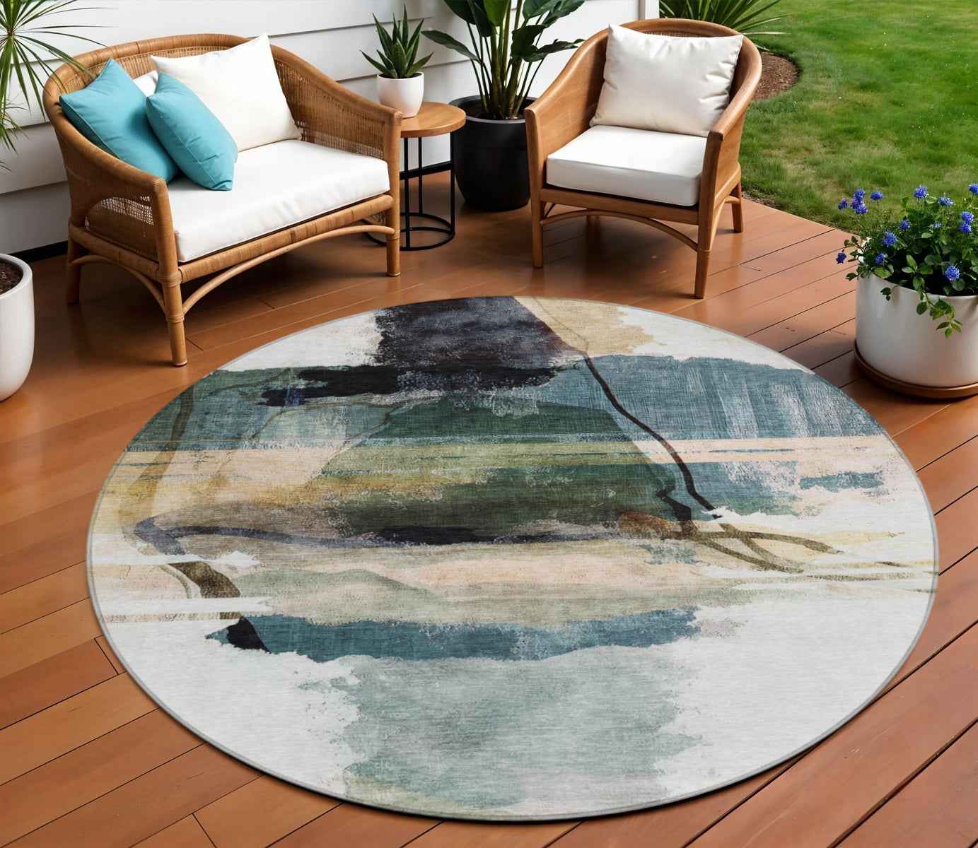 8' Green And Ivory Round Abstract Washable Indoor Outdoor Area Rug