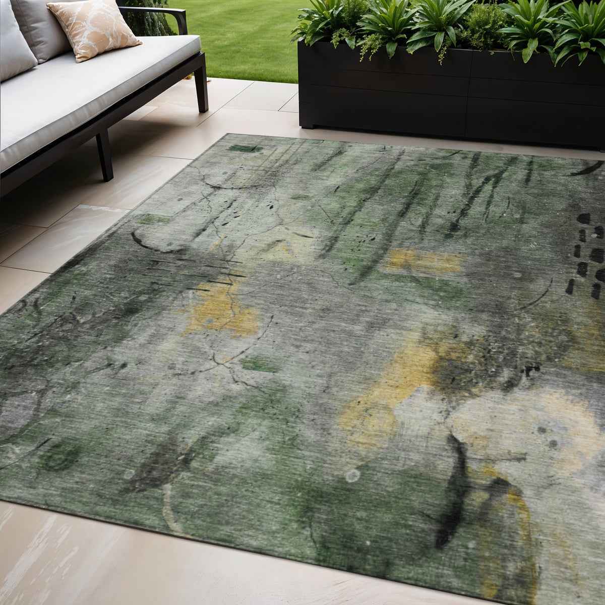 5' X 8' Pewter And Gold Abstract Washable Indoor Outdoor Area Rug