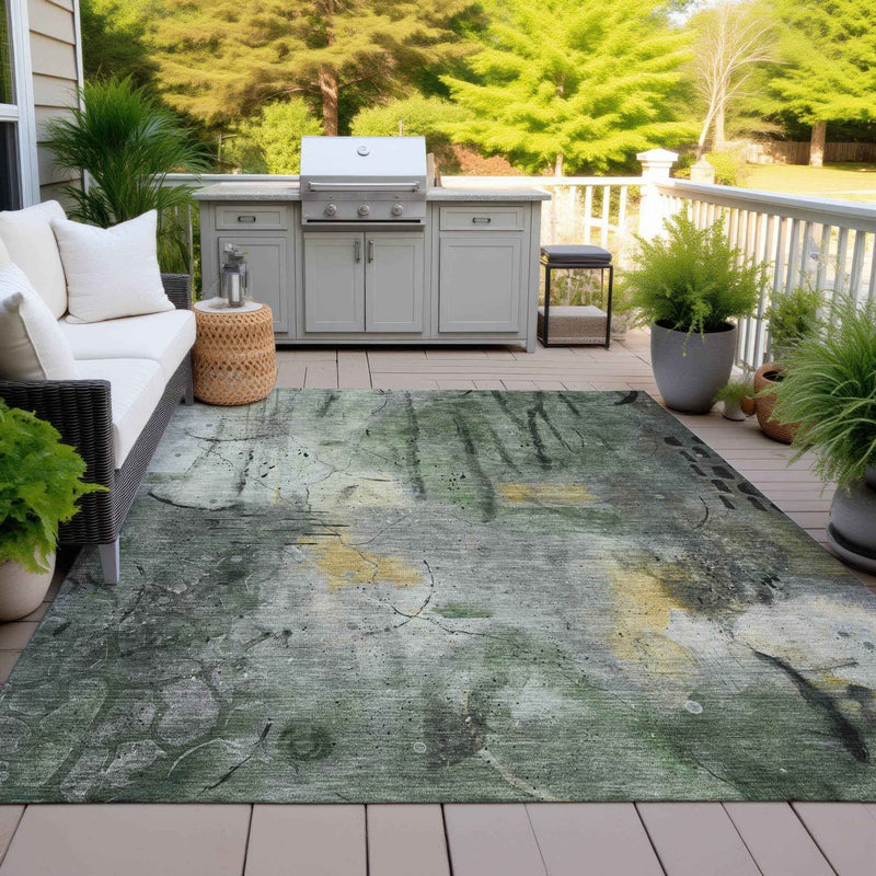 5' X 8' Pewter And Gold Abstract Washable Indoor Outdoor Area Rug