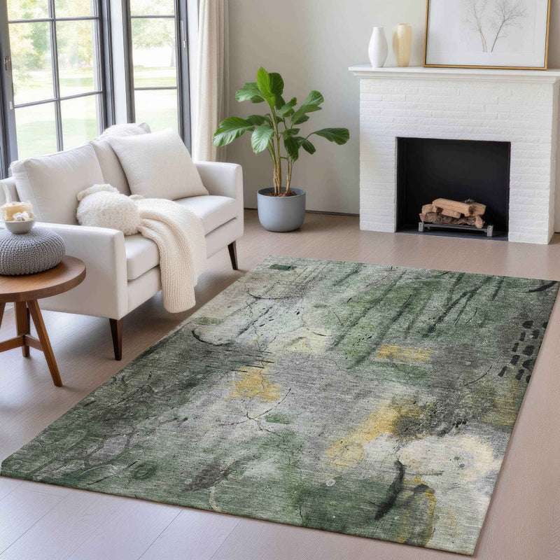 5' X 8' Pewter And Gold Abstract Washable Indoor Outdoor Area Rug
