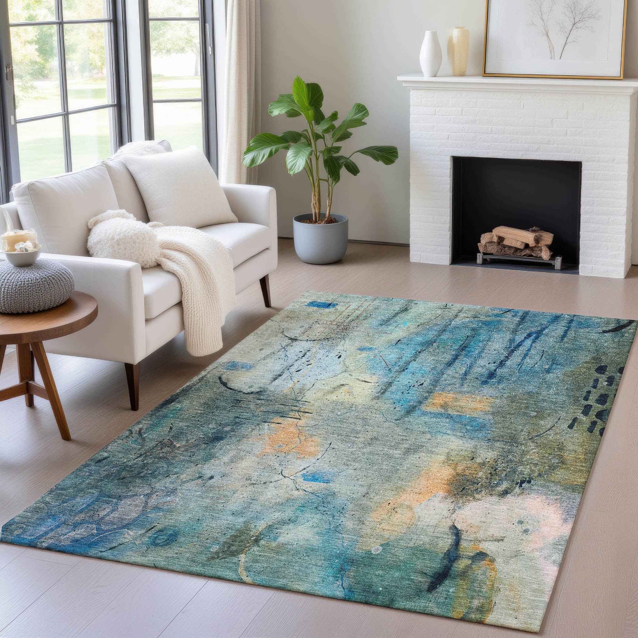 3' X 5' Teal Blue And Gold Abstract Washable Indoor Outdoor Area Rug