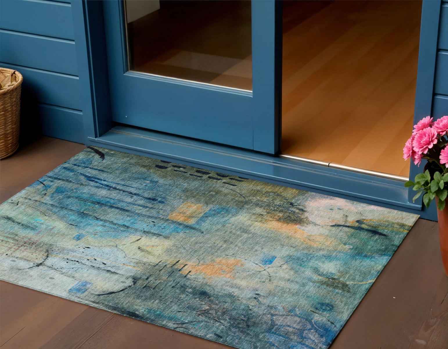 3' X 5' Teal Blue And Gold Abstract Washable Indoor Outdoor Area Rug