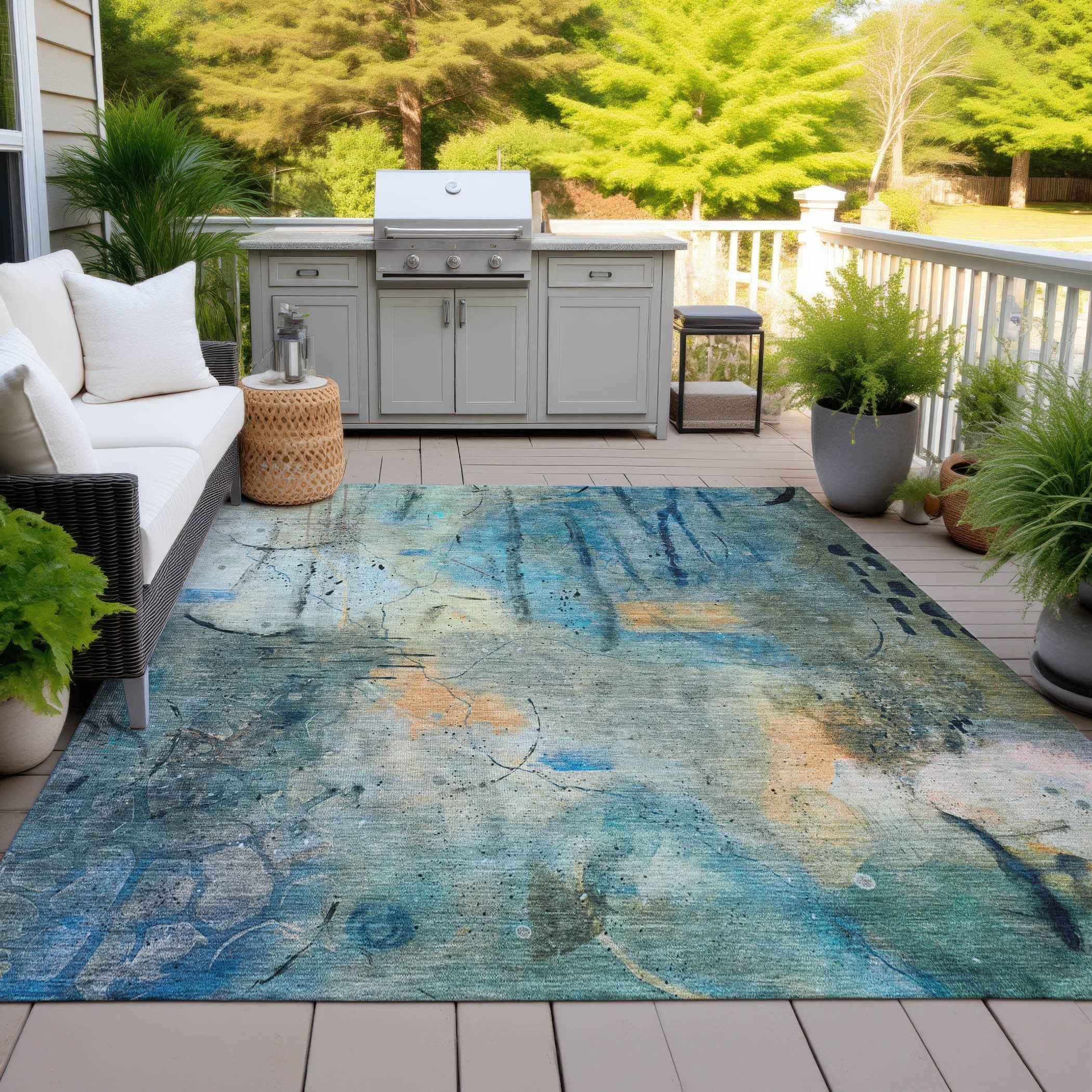 3' X 5' Teal Blue And Gold Abstract Washable Indoor Outdoor Area Rug