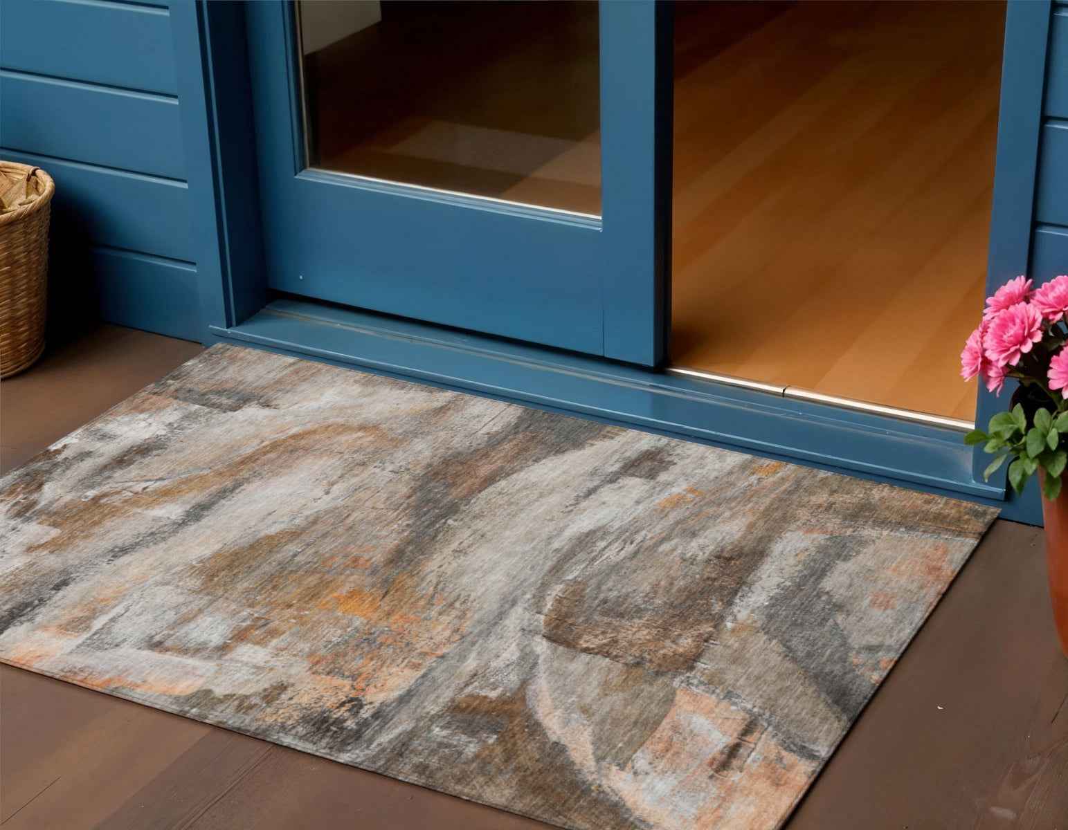 3' X 5' Brown Gray And Copper Abstract Washable Indoor Outdoor Area Rug