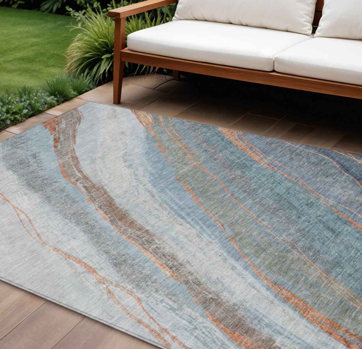 9' X 12' Blue And Copper Abstract Washable Indoor Outdoor Area Rug