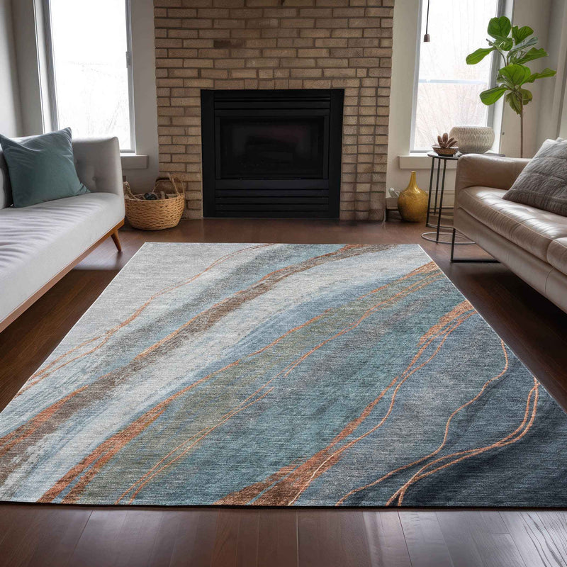 9' X 12' Blue And Copper Abstract Washable Indoor Outdoor Area Rug