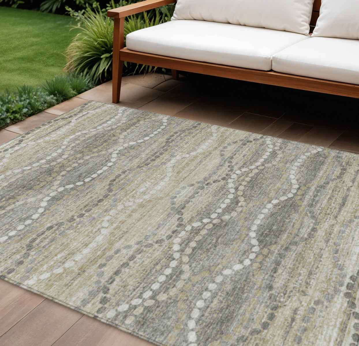 8' X 10' Pewter And Ivory Ogee Washable Indoor Outdoor Area Rug