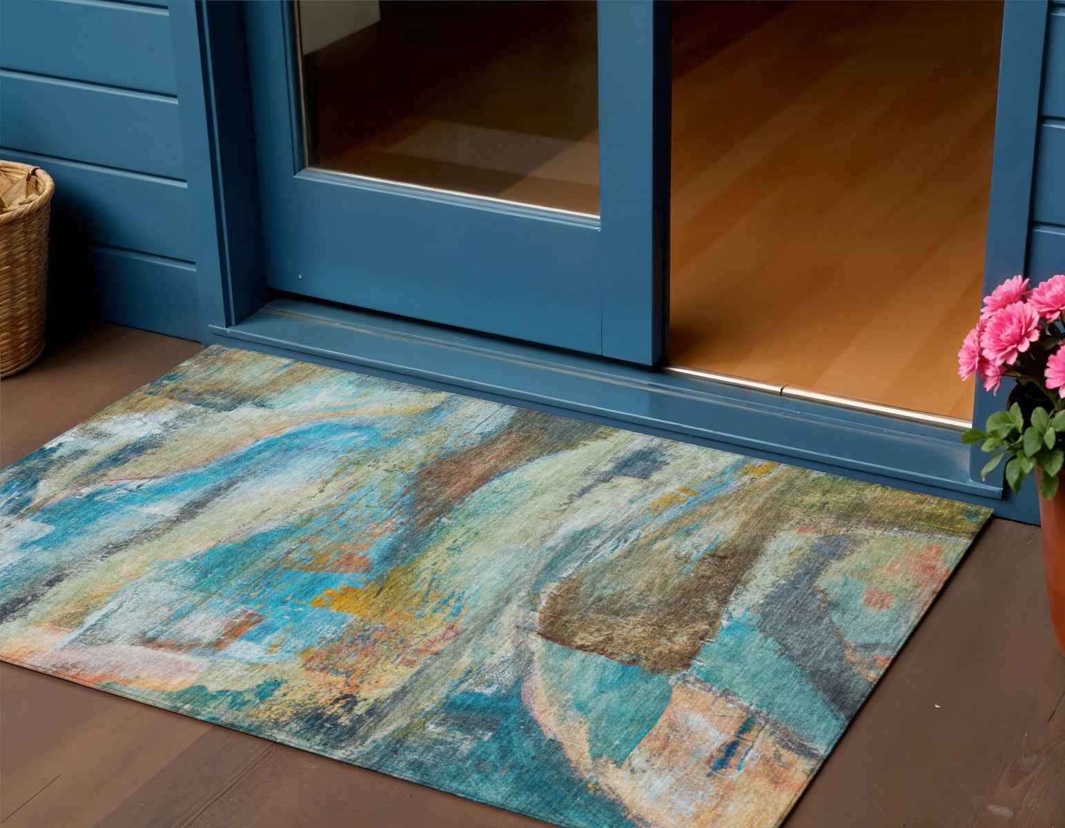 3' X 5' Teal Blue Copper And Beige Abstract Washable Indoor Outdoor Area Rug
