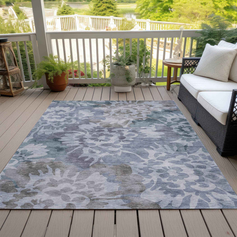 9' X 12' Blue And Silver Floral Washable Indoor Outdoor Area Rug