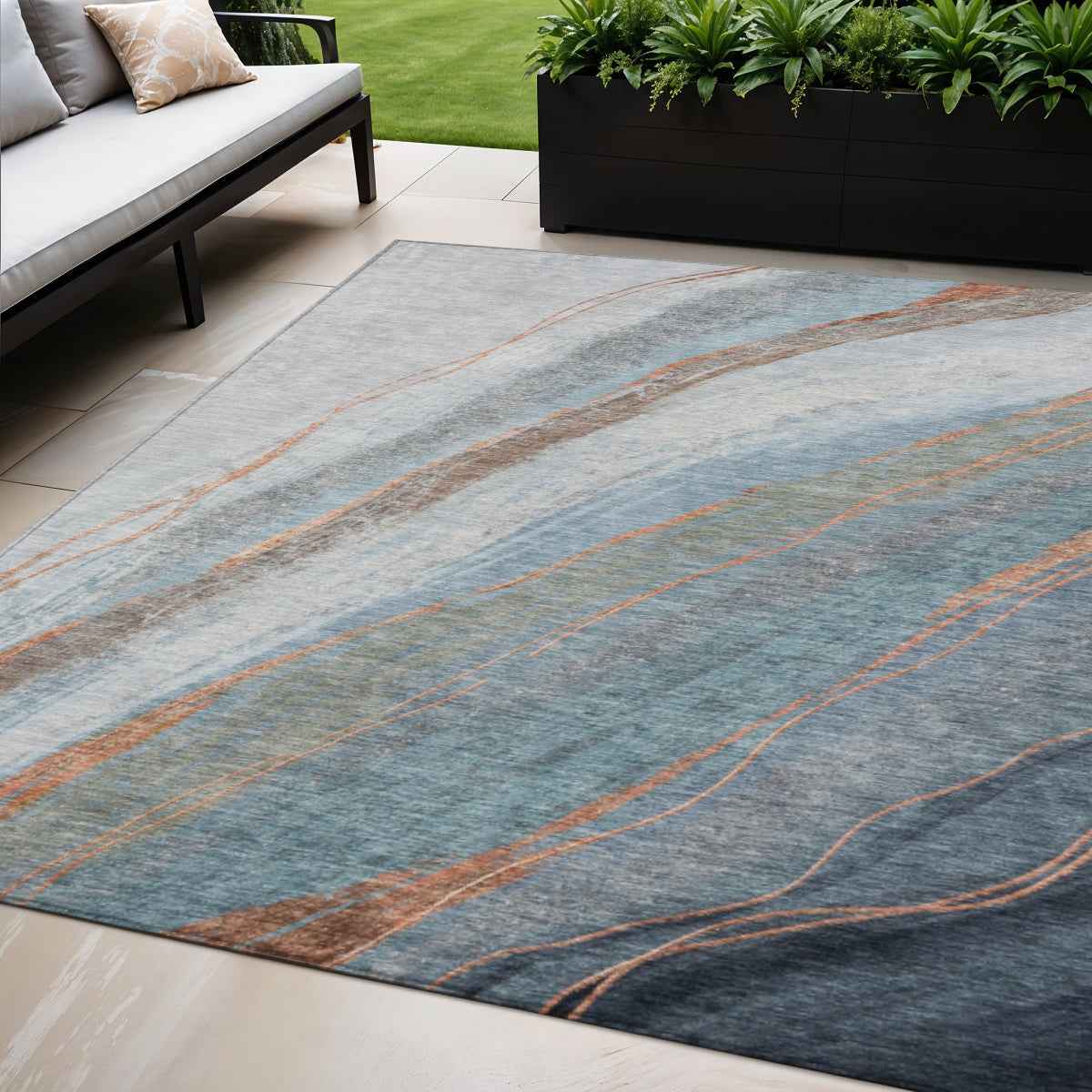 5' X 8' Blue And Copper Abstract Washable Indoor Outdoor Area Rug