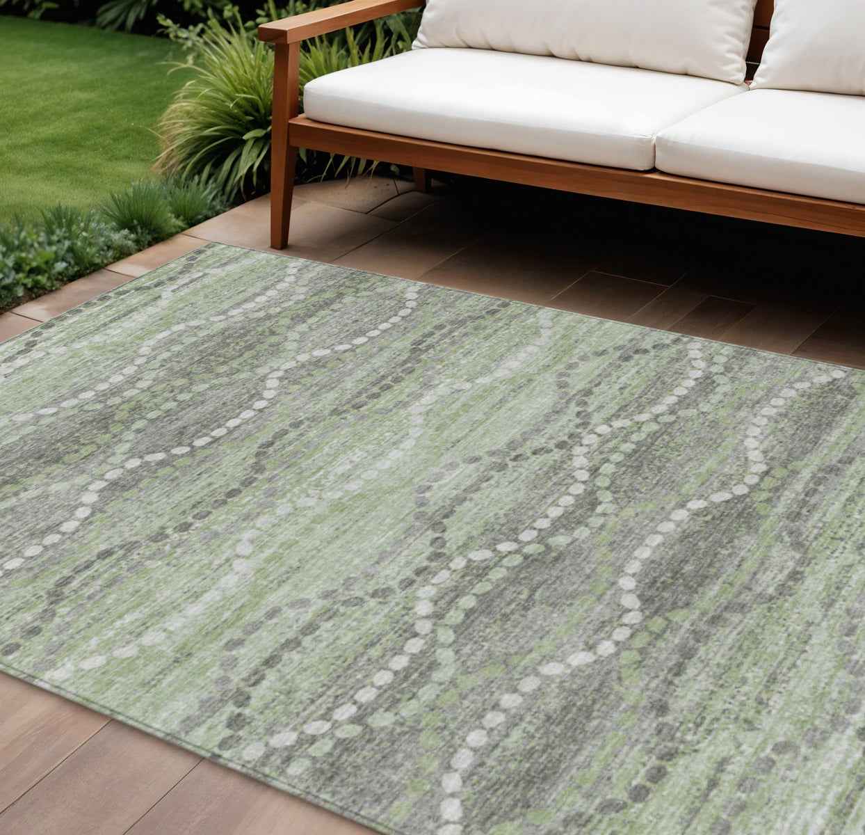8' X 10' Green And Ivory Ogee Washable Indoor Outdoor Area Rug