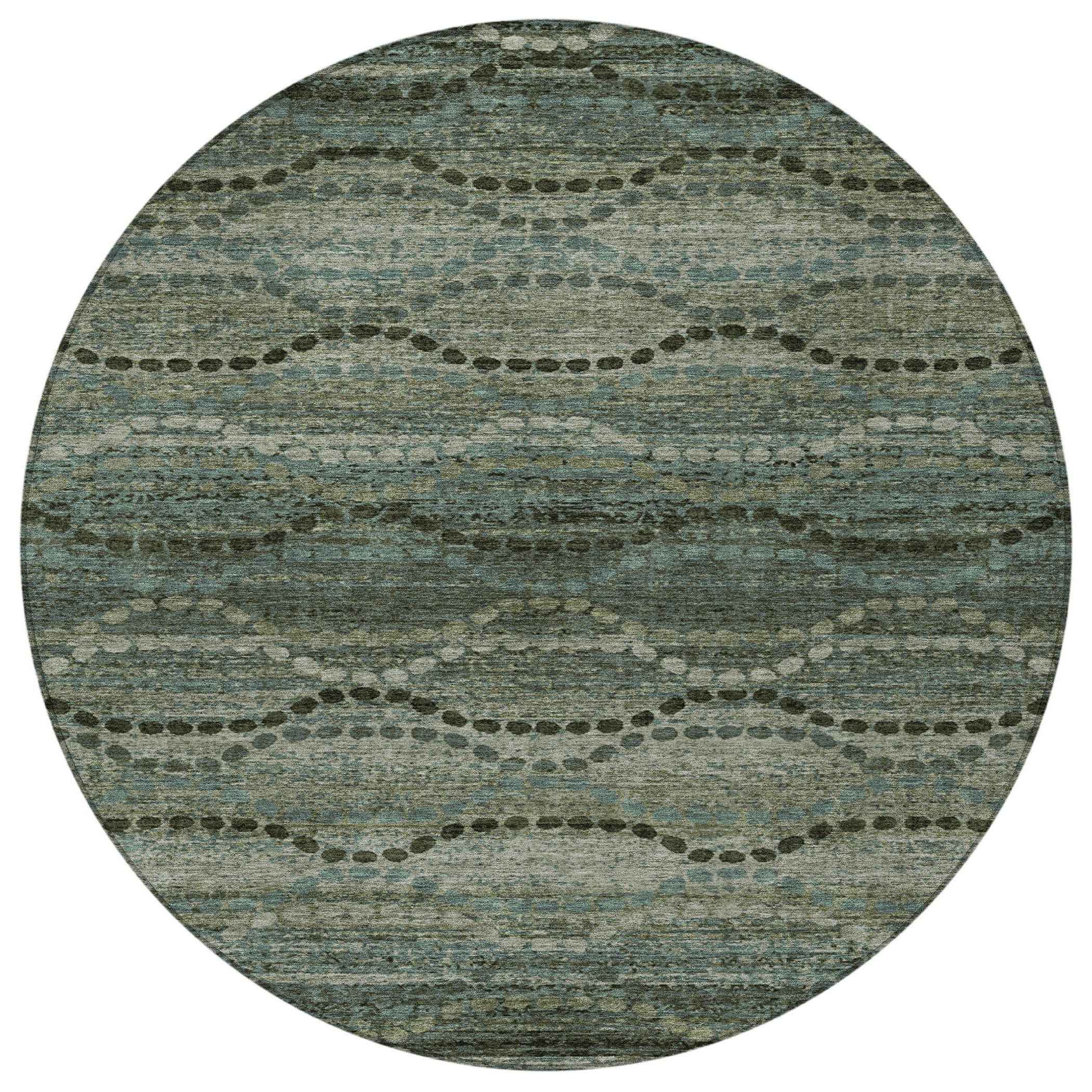 8' Artichoke Green And Gray Round Ogee Washable Indoor Outdoor Area Rug