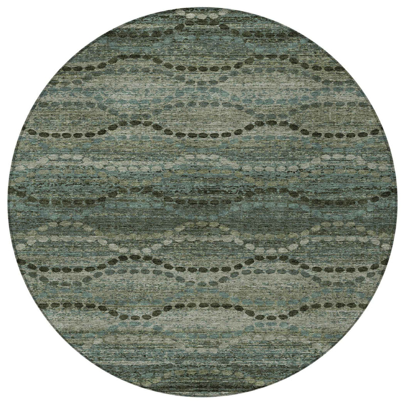 8' Artichoke Green And Gray Round Ogee Washable Indoor Outdoor Area Rug