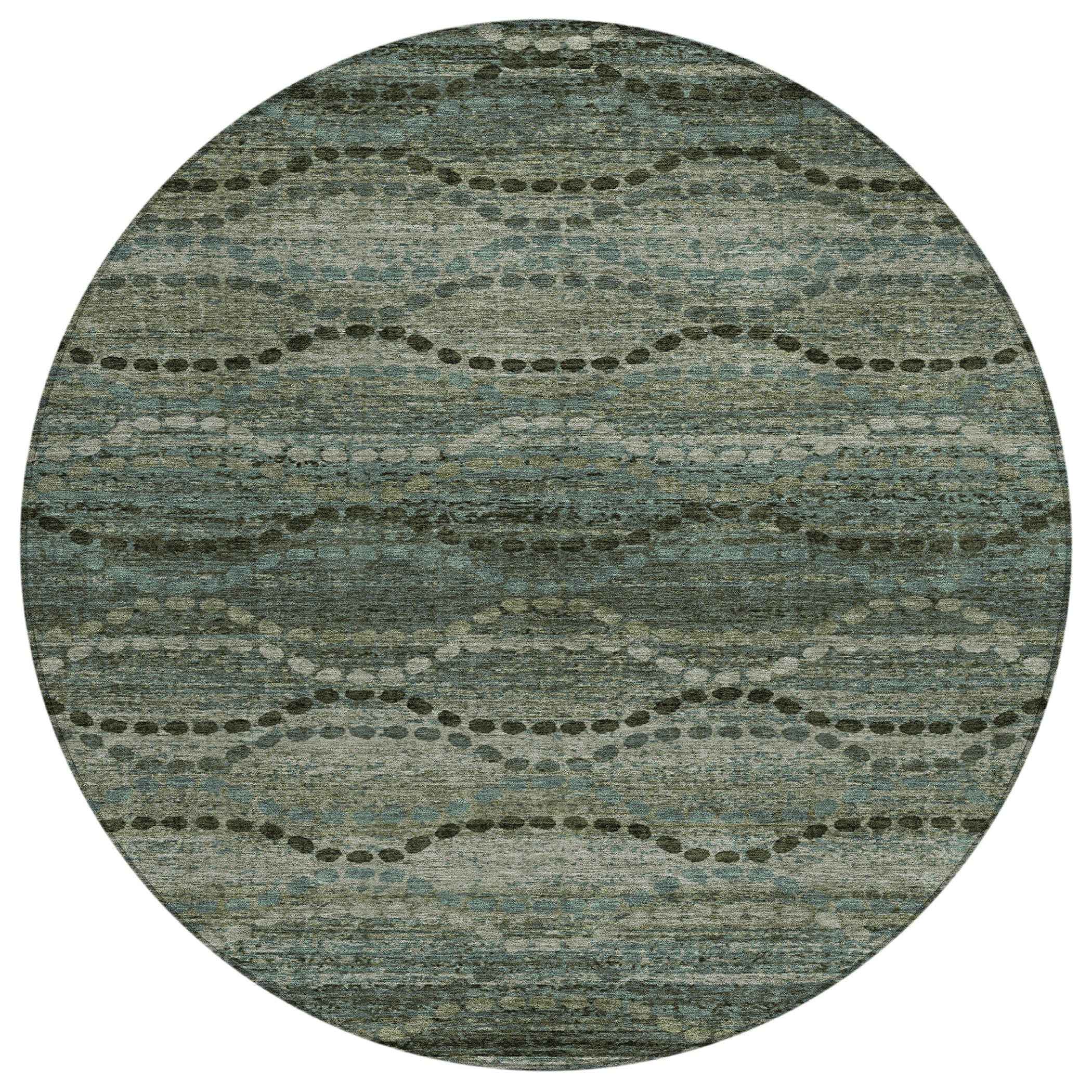 8' Artichoke Green And Gray Round Ogee Washable Indoor Outdoor Area Rug