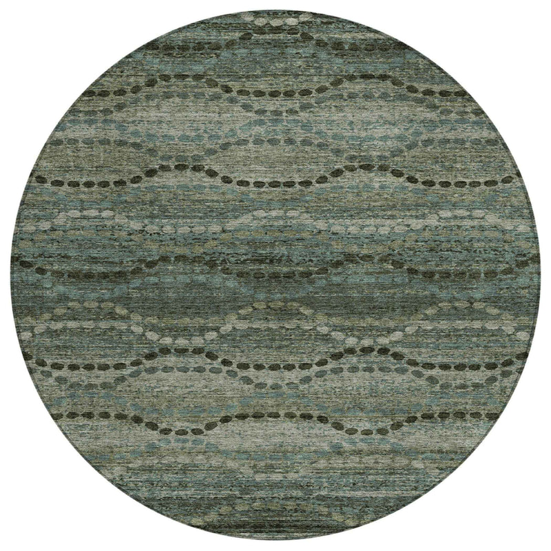 8' Artichoke Green And Gray Round Ogee Washable Indoor Outdoor Area Rug
