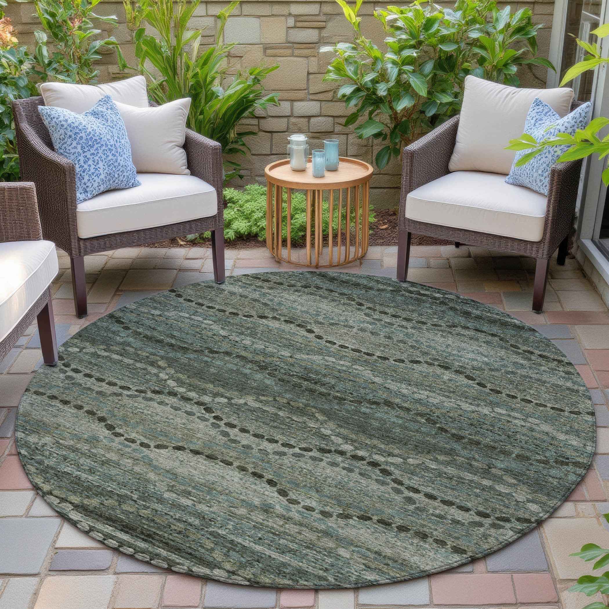 8' Artichoke Green And Gray Round Ogee Washable Indoor Outdoor Area Rug