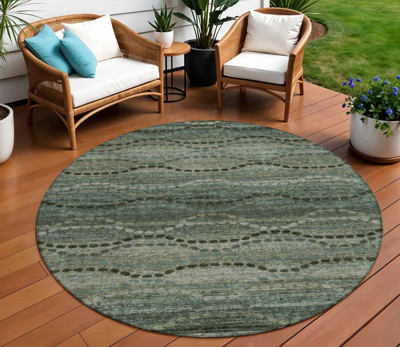8' Artichoke Green And Gray Round Ogee Washable Indoor Outdoor Area Rug