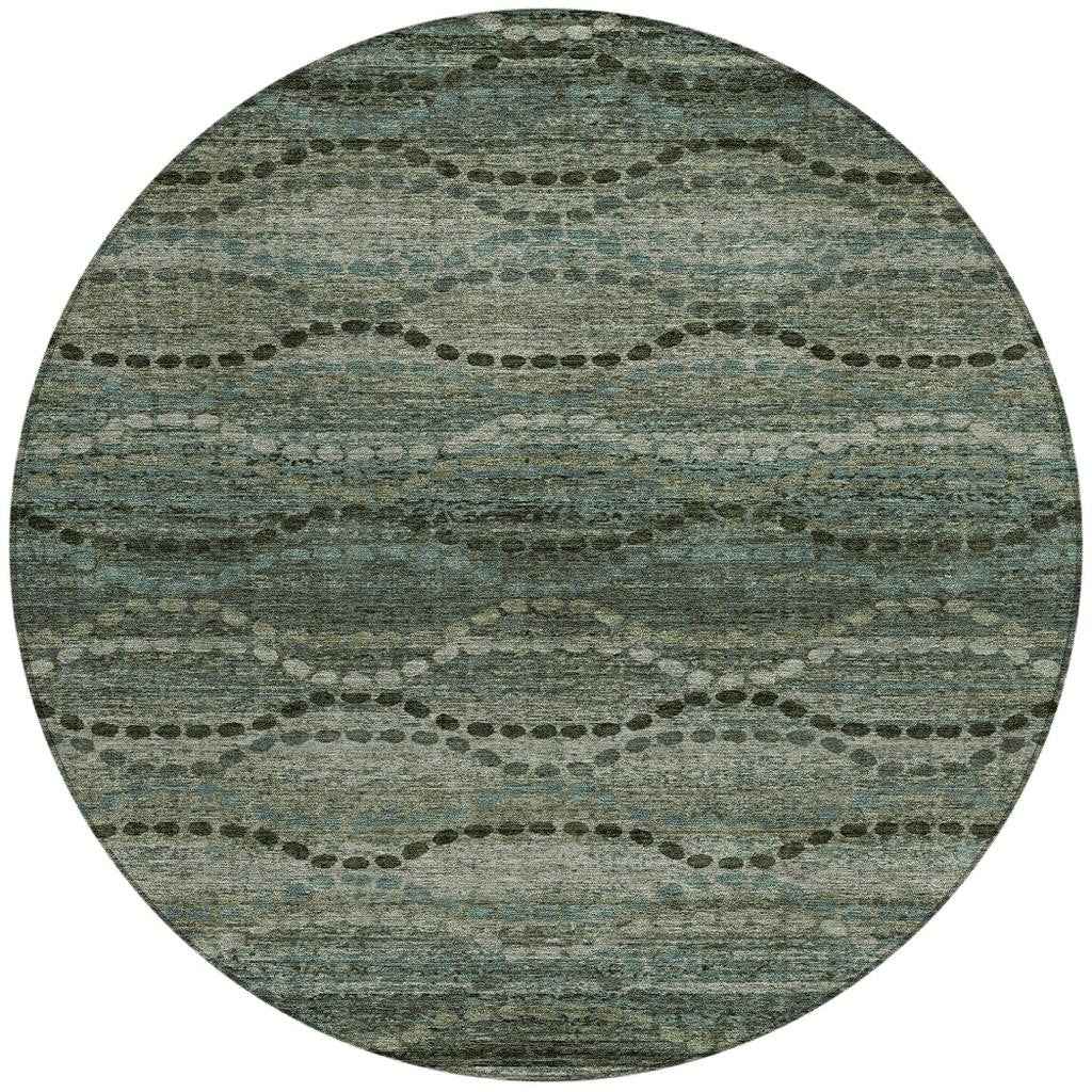 8' Artichoke Green And Gray Round Ogee Washable Indoor Outdoor Area Rug