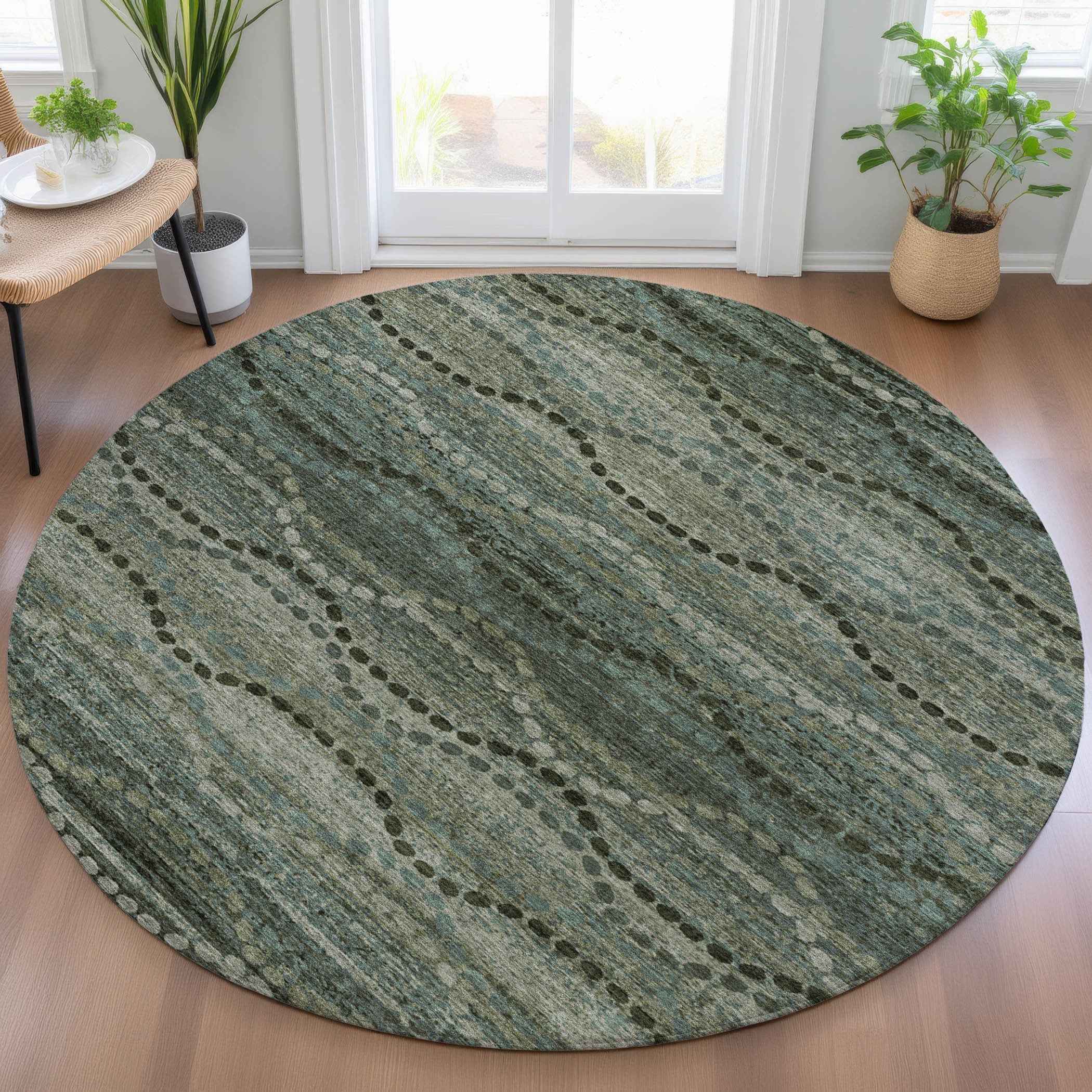 8' Artichoke Green And Gray Round Ogee Washable Indoor Outdoor Area Rug