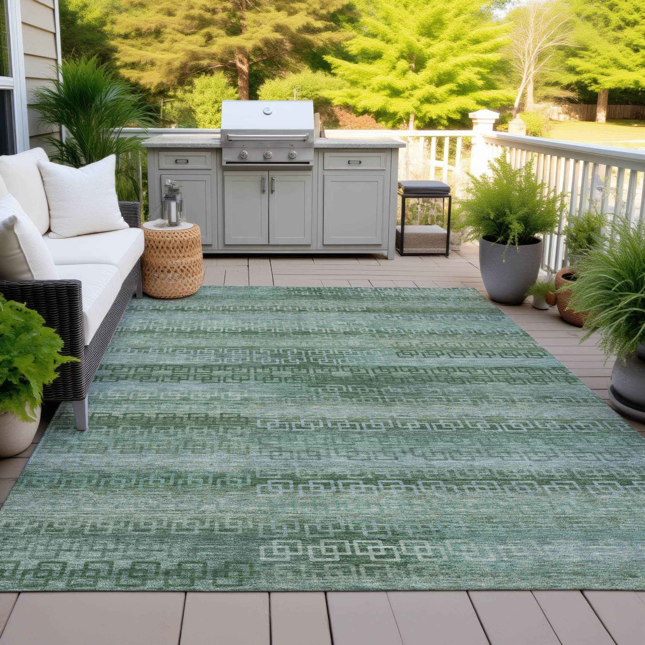 3' X 5' Artichoke Green And Sage Striped Washable Indoor Outdoor Area Rug