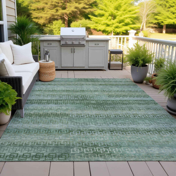 3' X 5' Artichoke Green And Sage Striped Washable Indoor Outdoor Area Rug