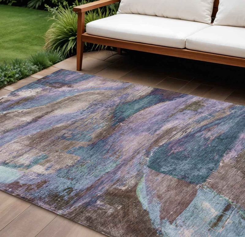 9' X 12' Brown Purple And Teal Blue Abstract Washable Indoor Outdoor Area Rug