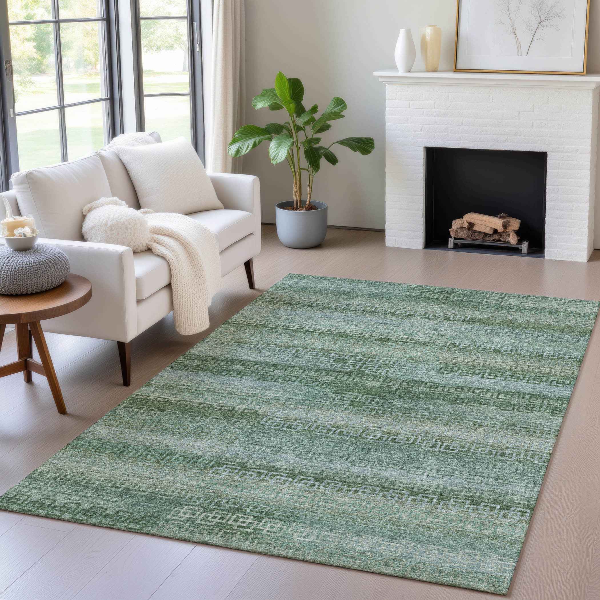 3' X 5' Artichoke Green And Sage Striped Washable Indoor Outdoor Area Rug