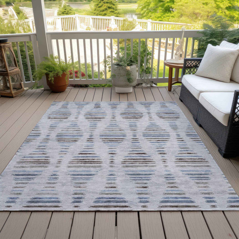 10' X 14' Beige And Denim Blue Striped Washable Indoor Outdoor Area Rug