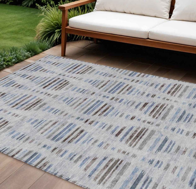 10' X 14' Beige And Denim Blue Striped Washable Indoor Outdoor Area Rug