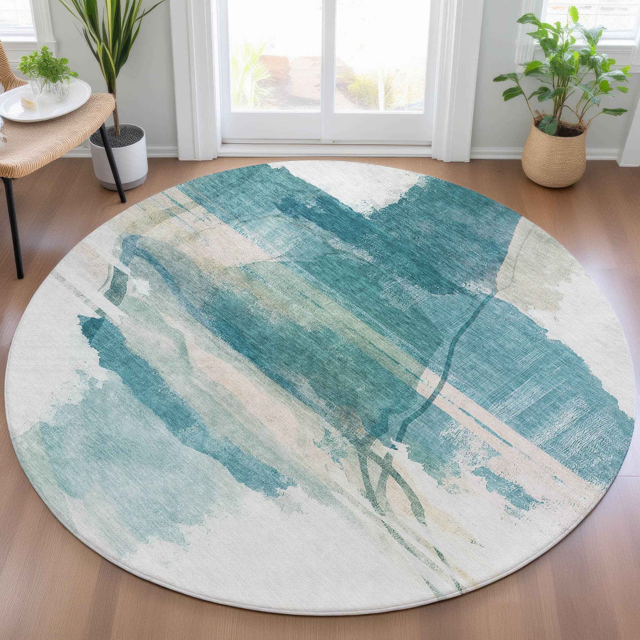 8' Teal Blue And Ivory Round Abstract Washable Indoor Outdoor Area Rug