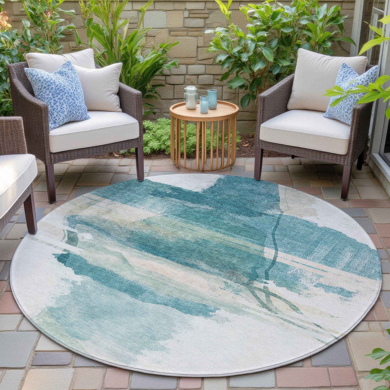 8' Teal Blue And Ivory Round Abstract Washable Indoor Outdoor Area Rug