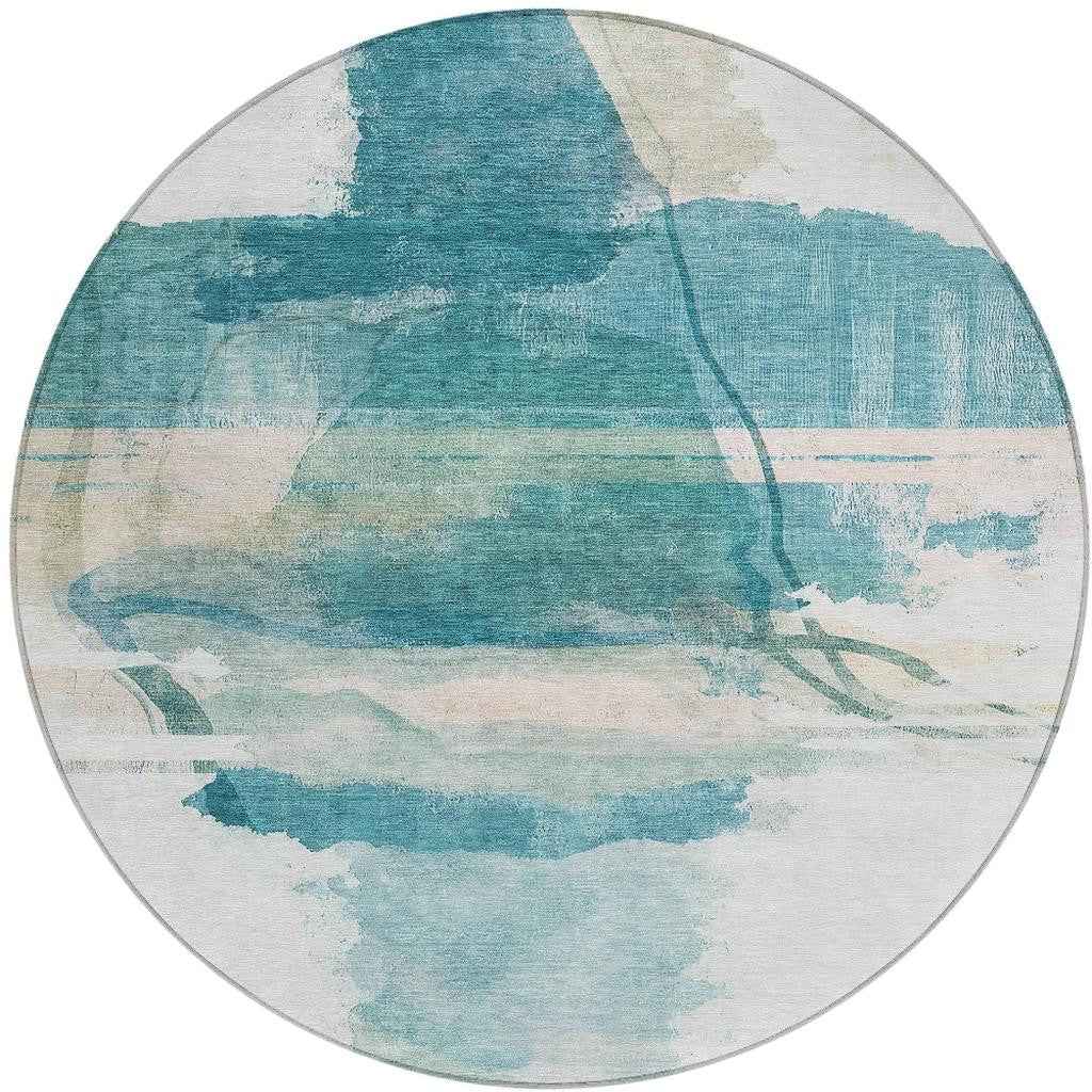 8' Teal Blue And Ivory Round Abstract Washable Indoor Outdoor Area Rug