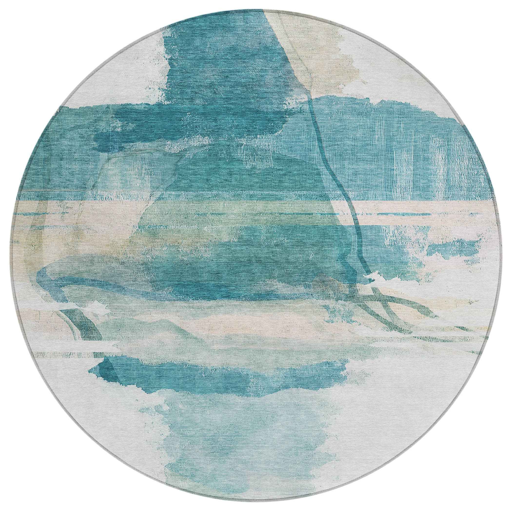 8' Teal Blue And Ivory Round Abstract Washable Indoor Outdoor Area Rug