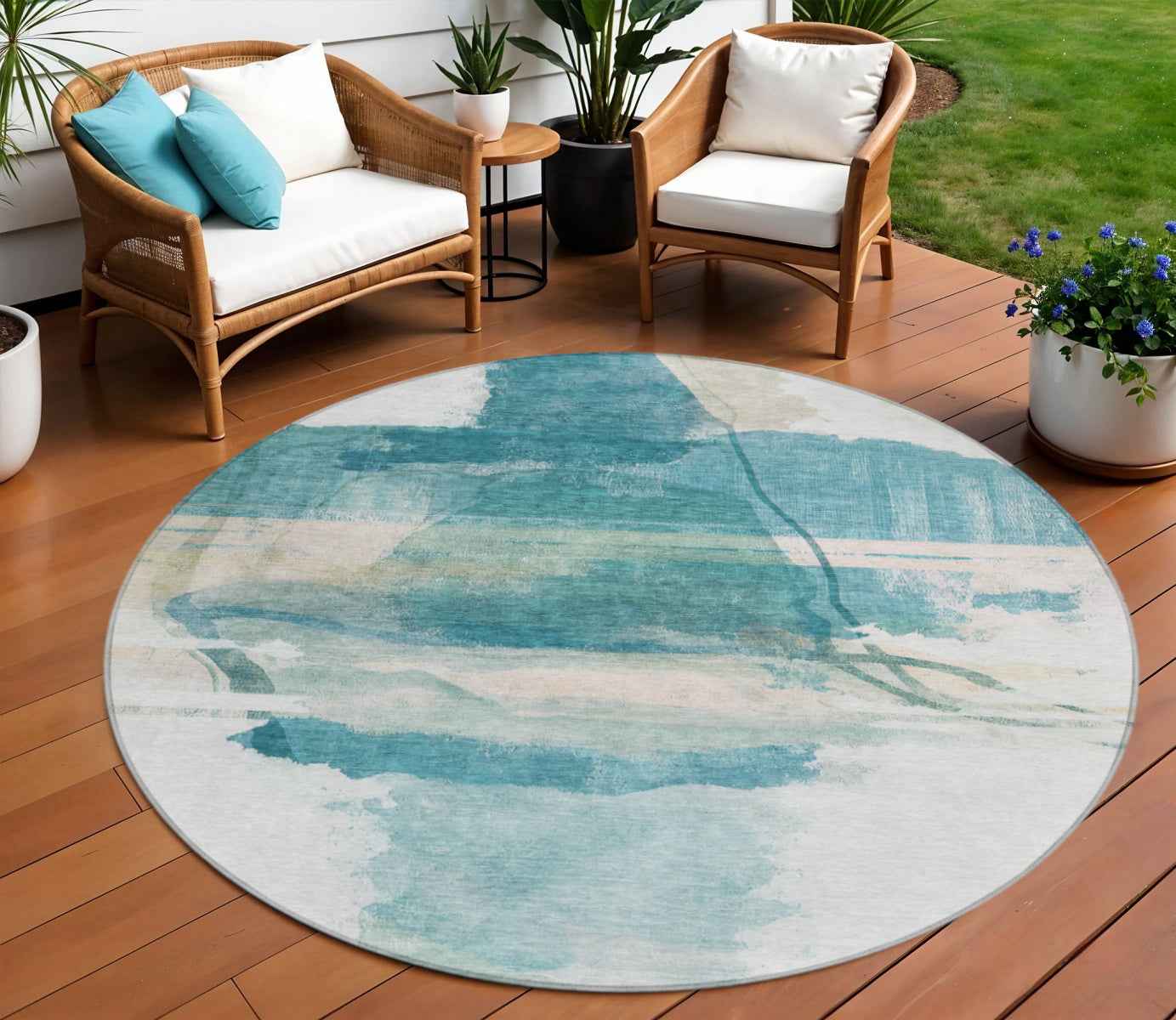 8' Teal Blue And Ivory Round Abstract Washable Indoor Outdoor Area Rug