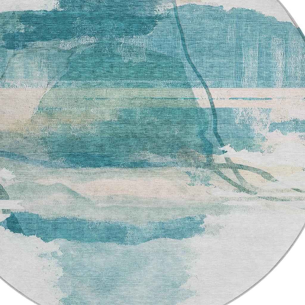 8' Teal Blue And Ivory Round Abstract Washable Indoor Outdoor Area Rug