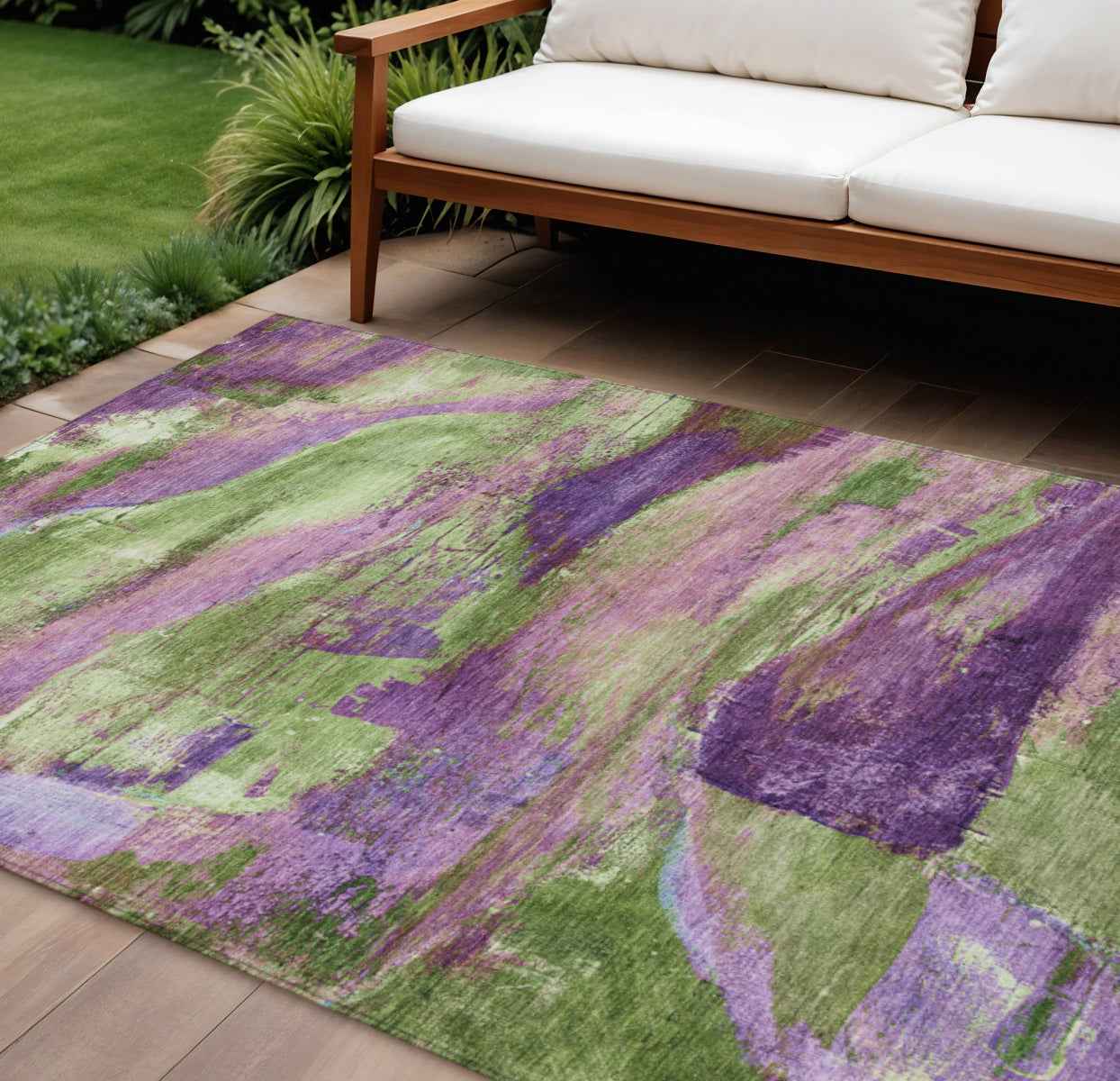 9' X 12' Purple Plum And Green Abstract Washable Indoor Outdoor Area Rug