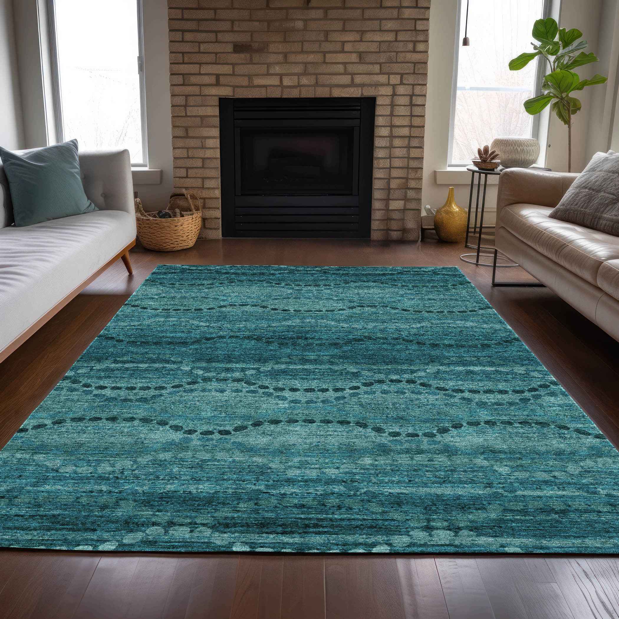 3' X 5' Turquoise And Aqua Ogee Washable Indoor Outdoor Area Rug