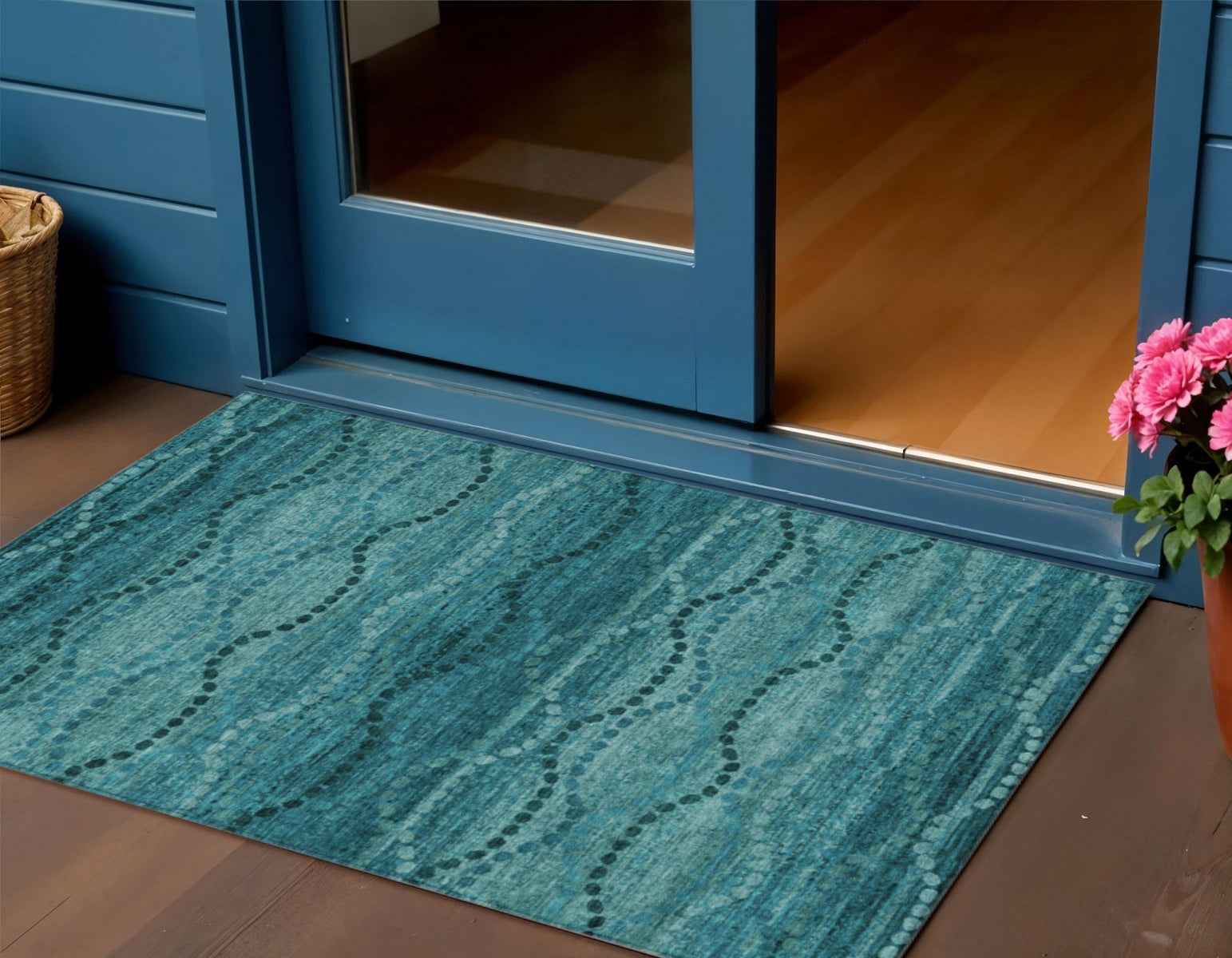 3' X 5' Turquoise And Aqua Ogee Washable Indoor Outdoor Area Rug