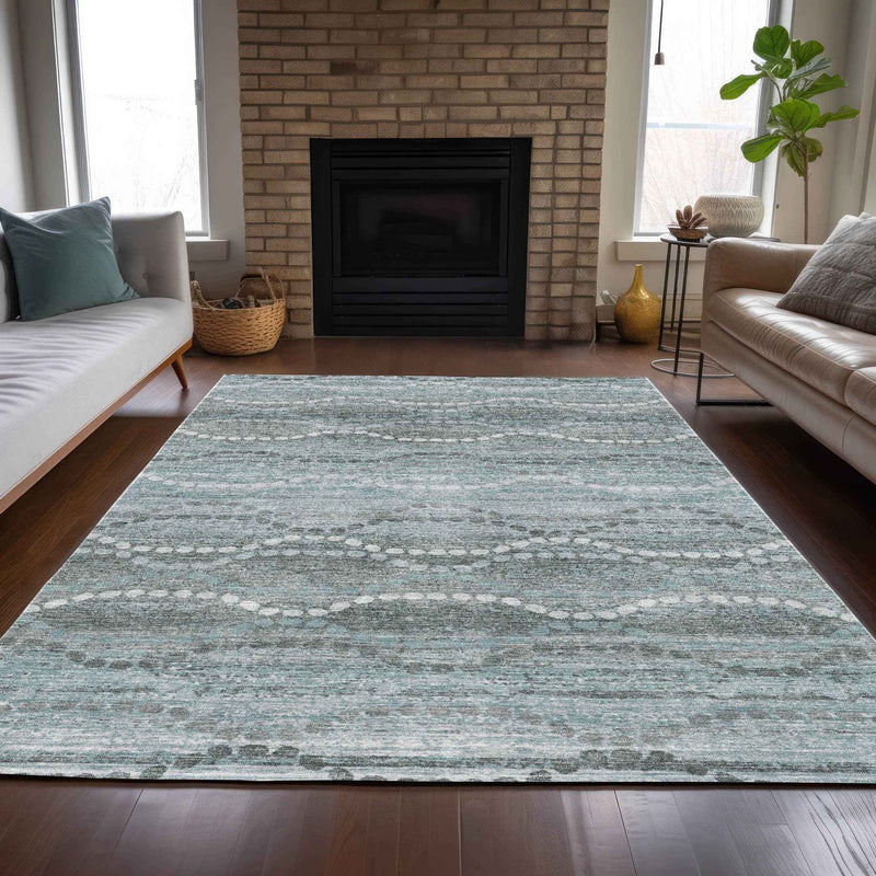 10' X 14' Teal Blue And Ivory Ogee Washable Indoor Outdoor Area Rug
