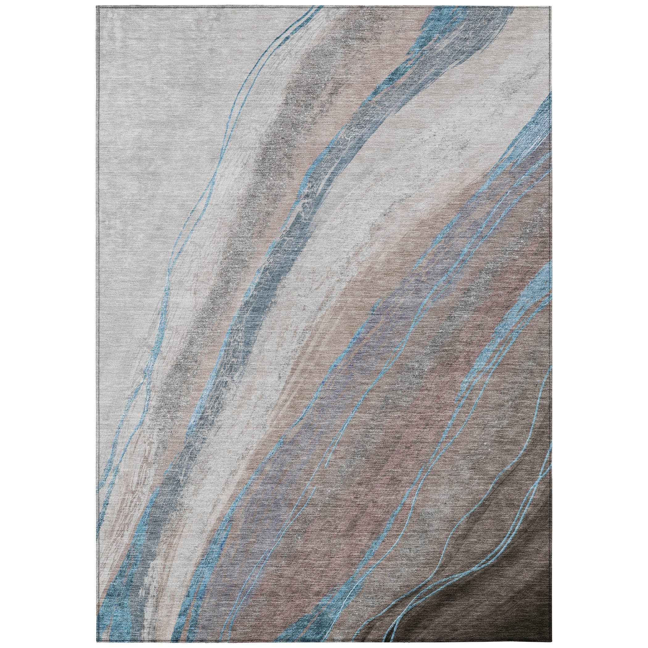 9' X 12' Brown And Teal Blue Abstract Washable Indoor Outdoor Area Rug