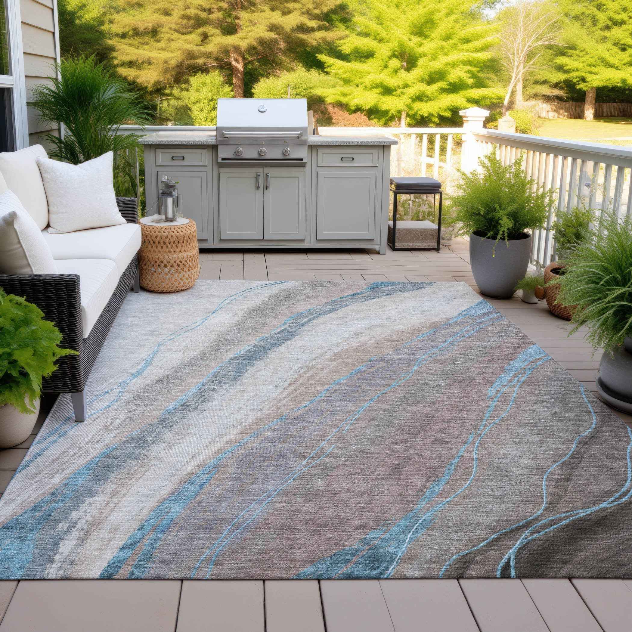 9' X 12' Brown And Teal Blue Abstract Washable Indoor Outdoor Area Rug