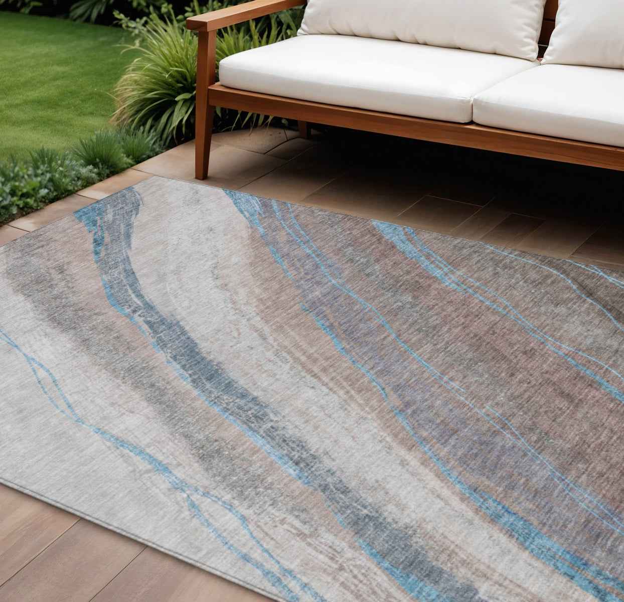 9' X 12' Brown And Teal Blue Abstract Washable Indoor Outdoor Area Rug