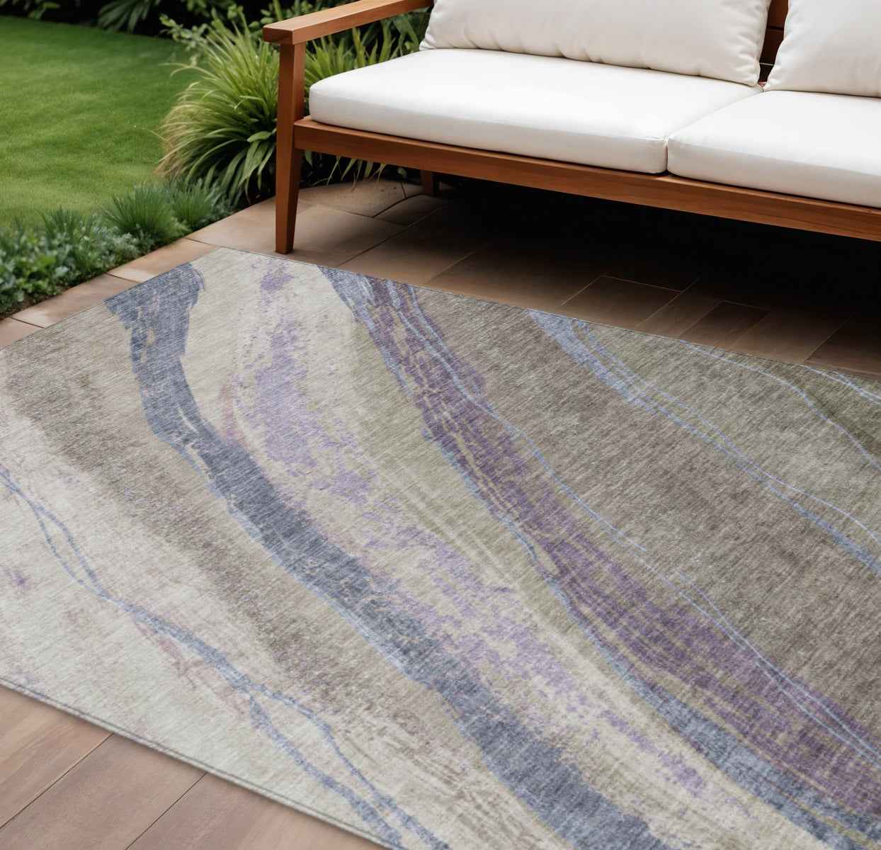 8' X 10' Brown Taupe And Purple Abstract Washable Indoor Outdoor Area Rug